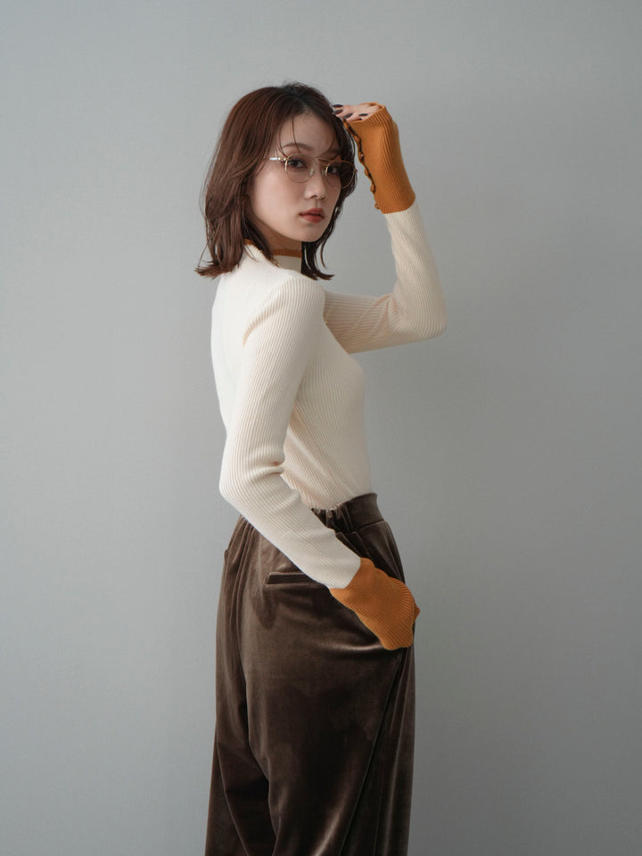 [SET]袖ボタンハイネック配色リブニットトップス+選べるアクセセット(2set)