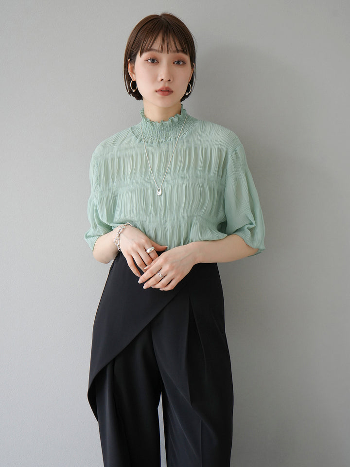 [Pre-order] Shirring Chiffon Half Sleeve Blouse/Mint