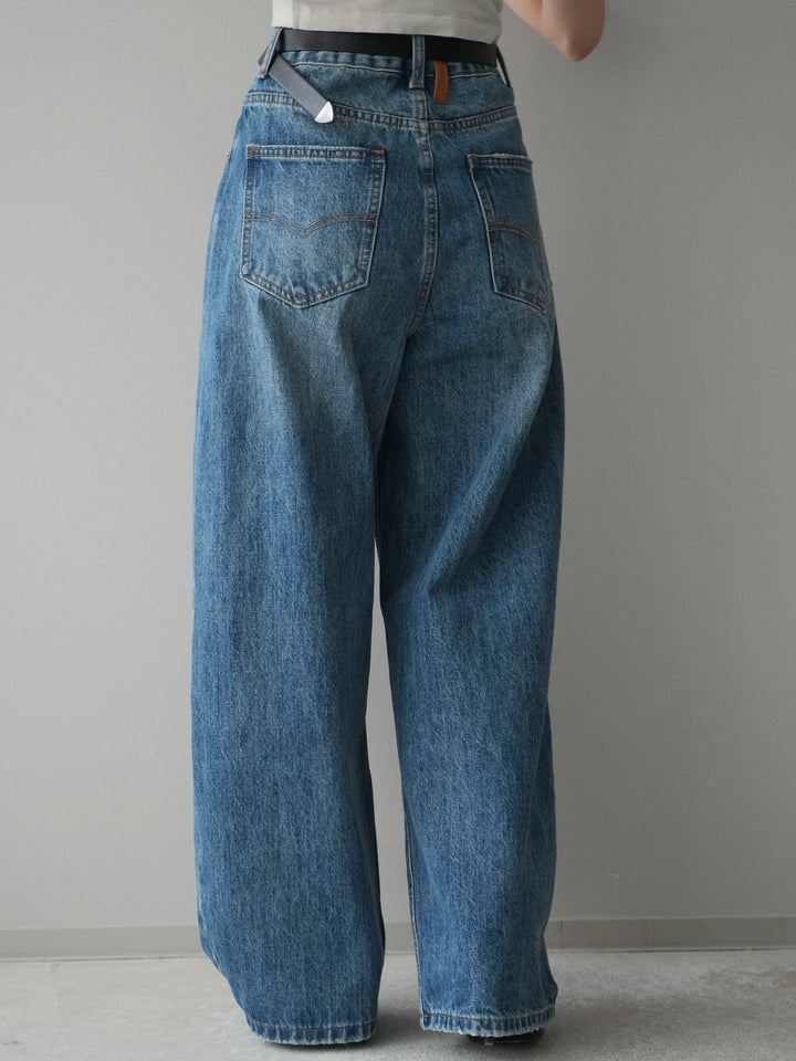 [予約]ベルト付3Dカーブワイドデニムパンツ/blue