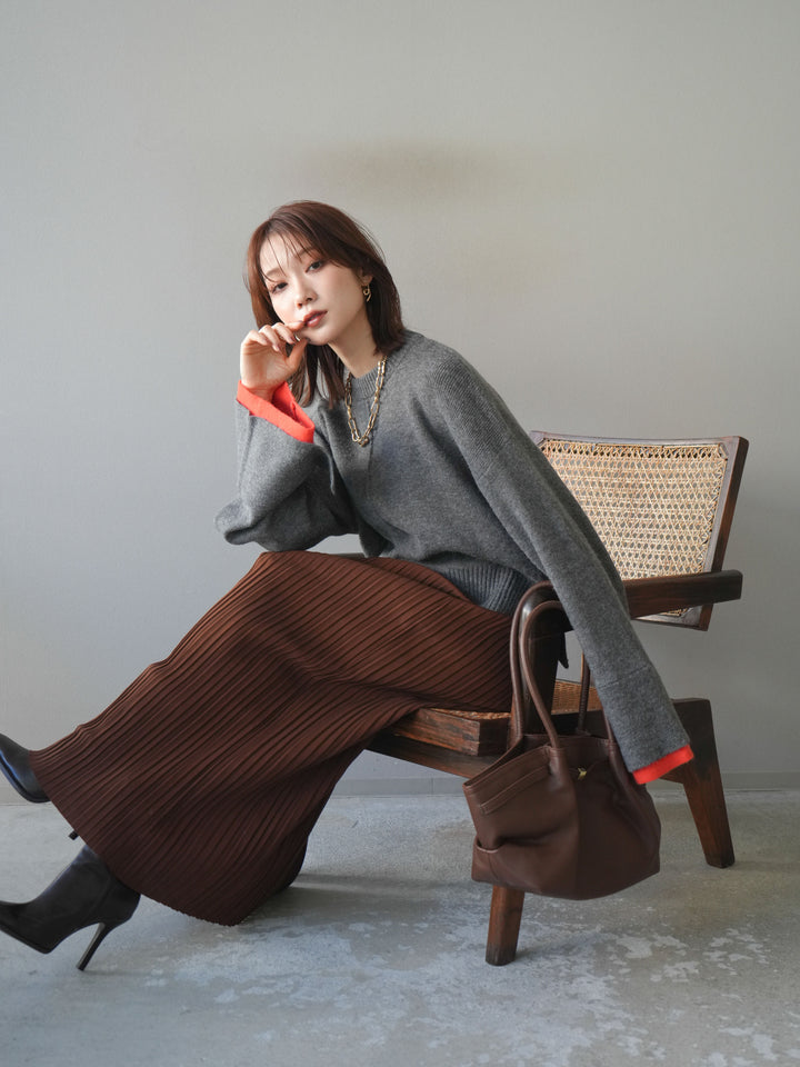 [予約]袖レイヤード配色ニットプルオーバー/charcoal