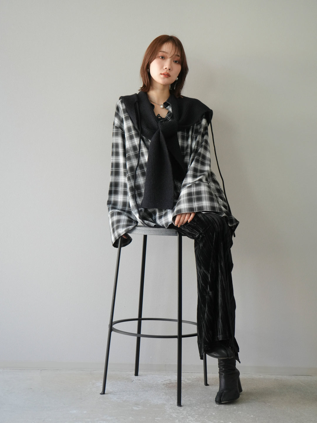 [SET]レザー襟オンブレチェックオーバーシャツ +クラッシュベロアナロースカート(2set)