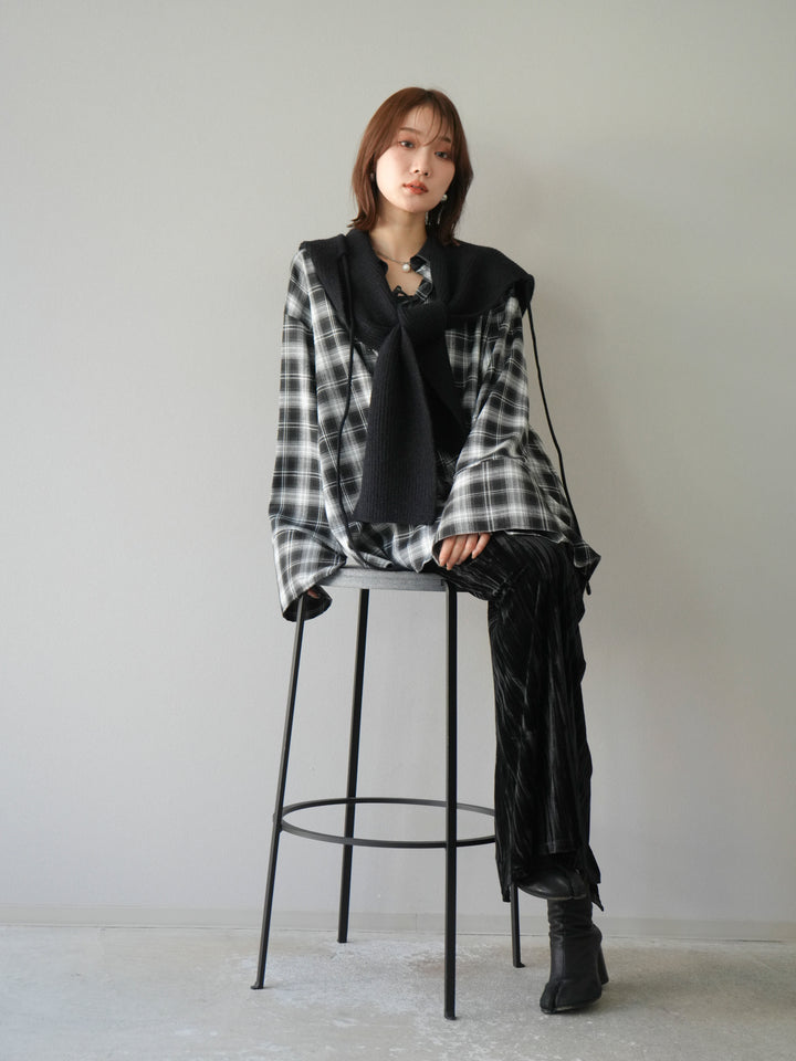 [SET]レザー襟オンブレチェックオーバーシャツ +クラッシュベロアナロースカート(2set)