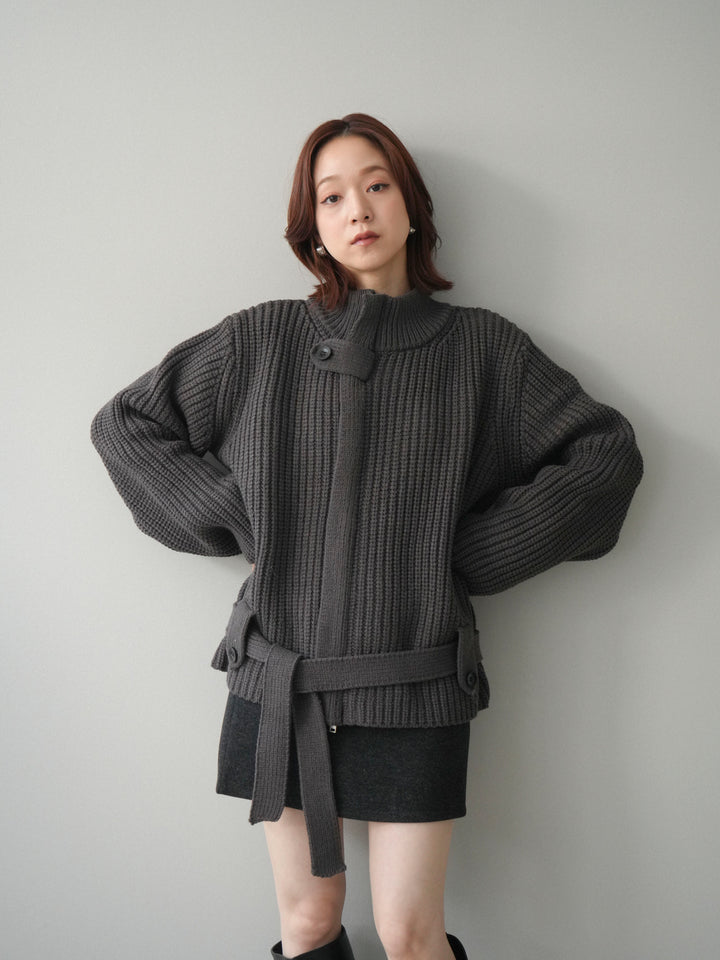 [予約]畦編みボトルネックZIPニットカーディガン/ gray