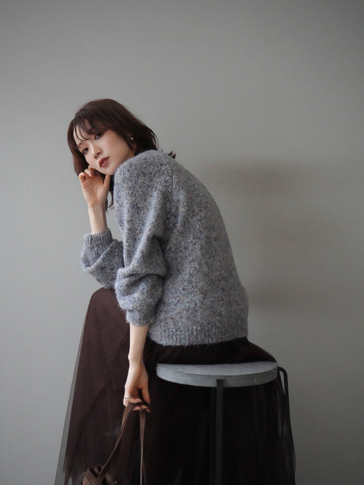 [SET]ロゴラベルミックスヤーンニットプルオーバー+チュールボリュームスカート(2set)