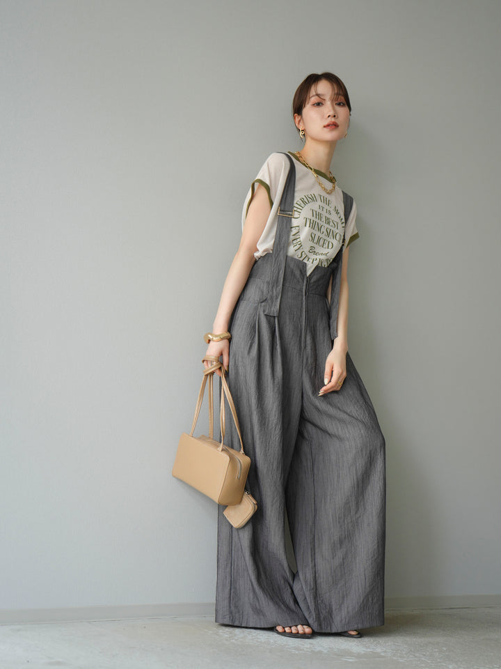 [SET]ストリングデザインハイウエストサロペット+シアーフライス ロゴプリントT (2set)