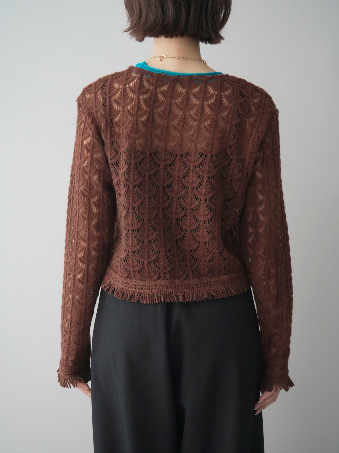 [予約]扇透かし編みクロップドニットプルオーバー/brown