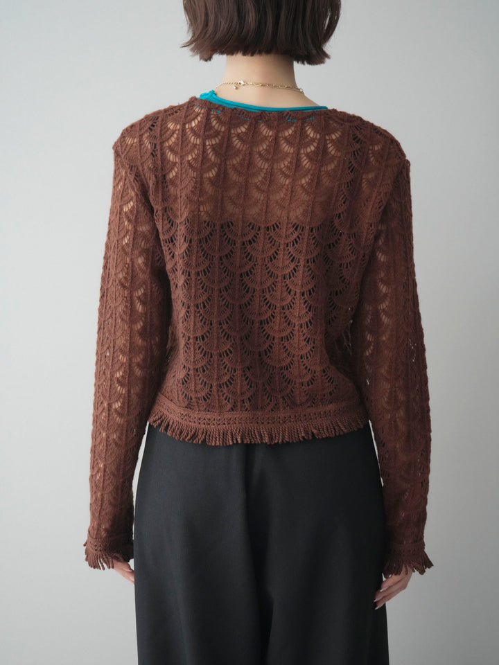 [予約]扇透かし編みクロップドニットプルオーバー/brown