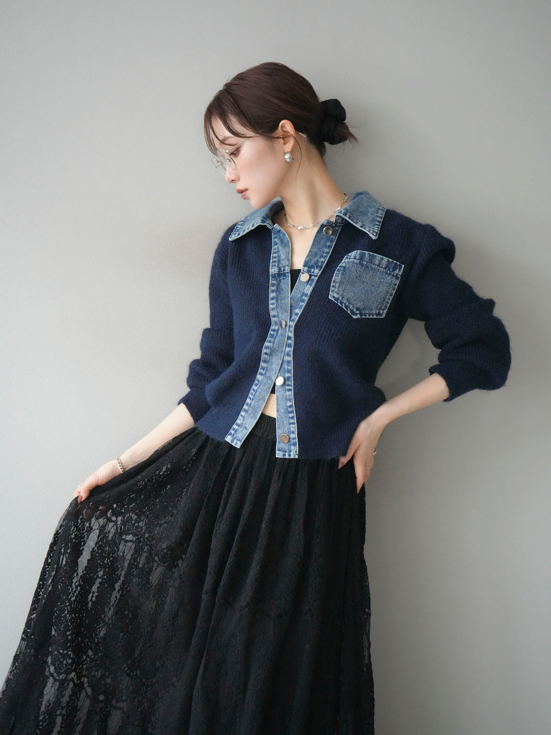 [予約]デニム襟ポケットニットカーディガン/navy