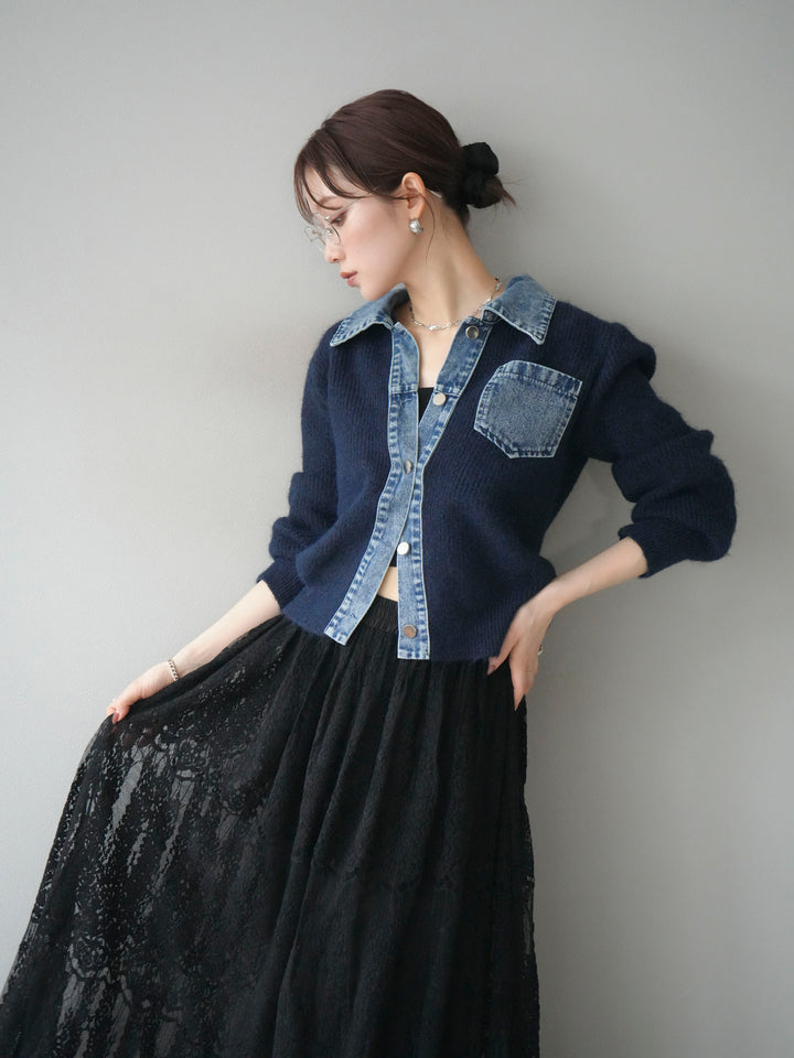 [予約]デニム襟ポケットニットカーディガン/navy