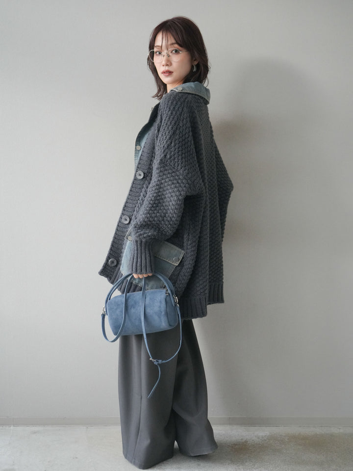 [SET]デニム襟レイヤードニットジャケット+ベルトループデザインワイドパンツ(2set)