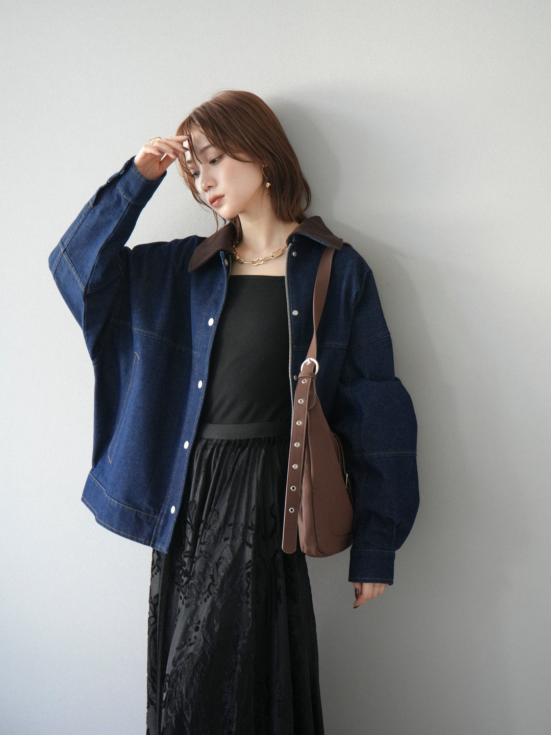 [予約]スウェード襟切替デニムブルゾン/インディゴ