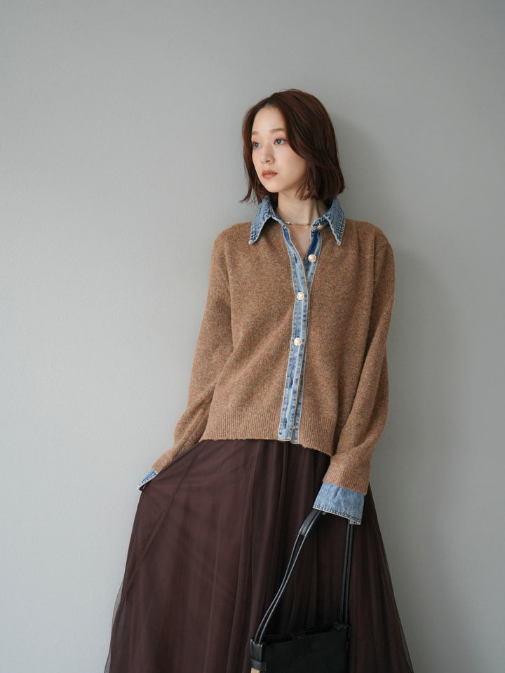 【預購】牛仔領紐扣針織開襟衫/駝色