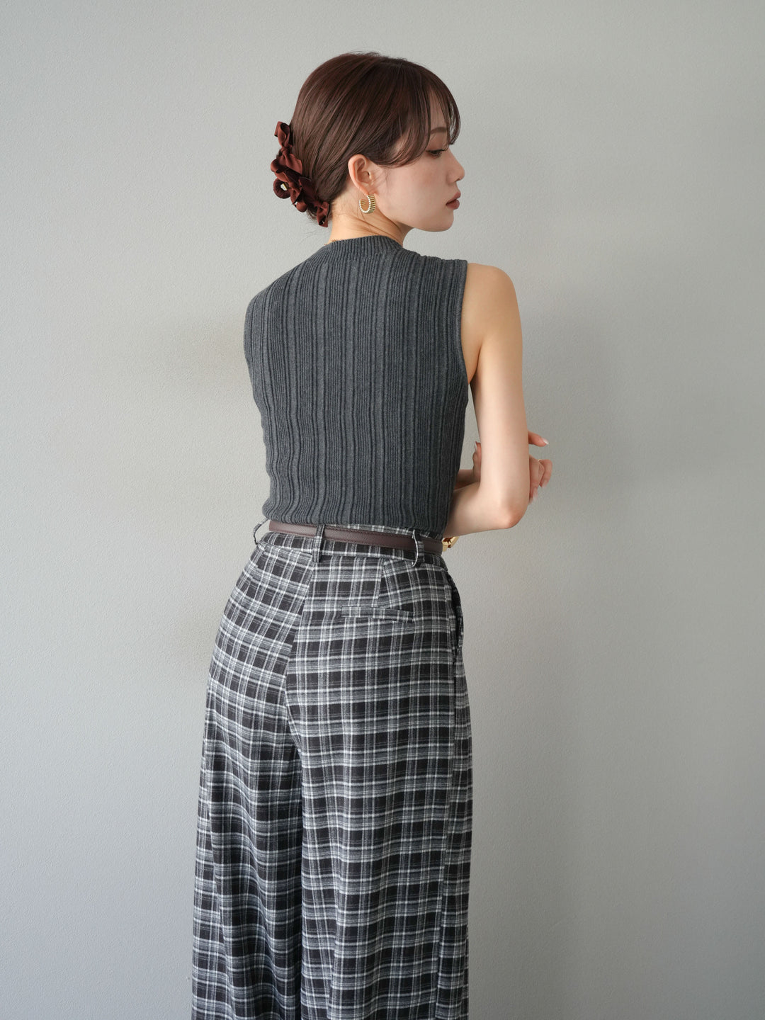 [予約]スリーブレスランダムリブニットトップス/グレー