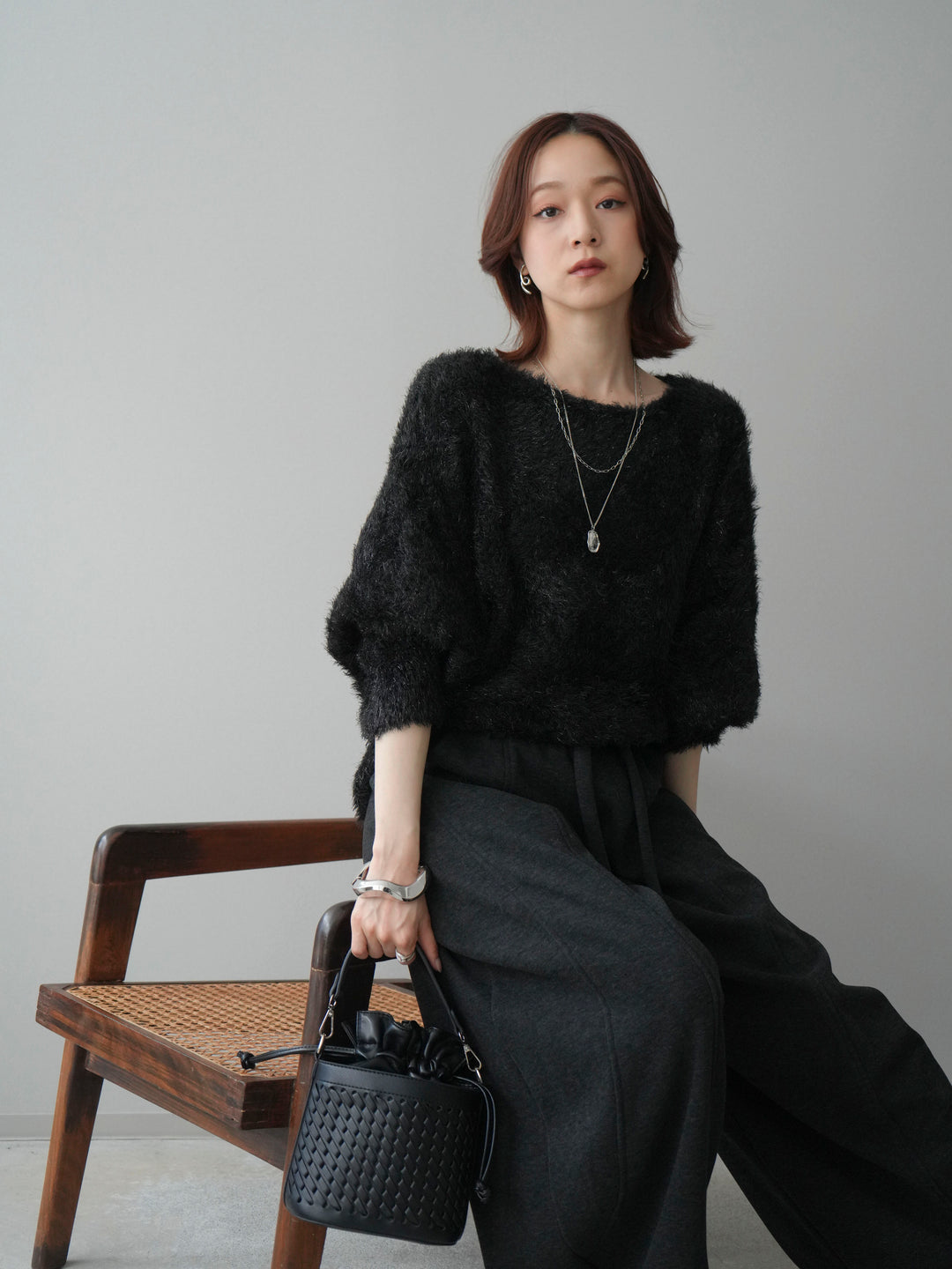 [予約]ラメシャギードルマンニットプルオーバー/black