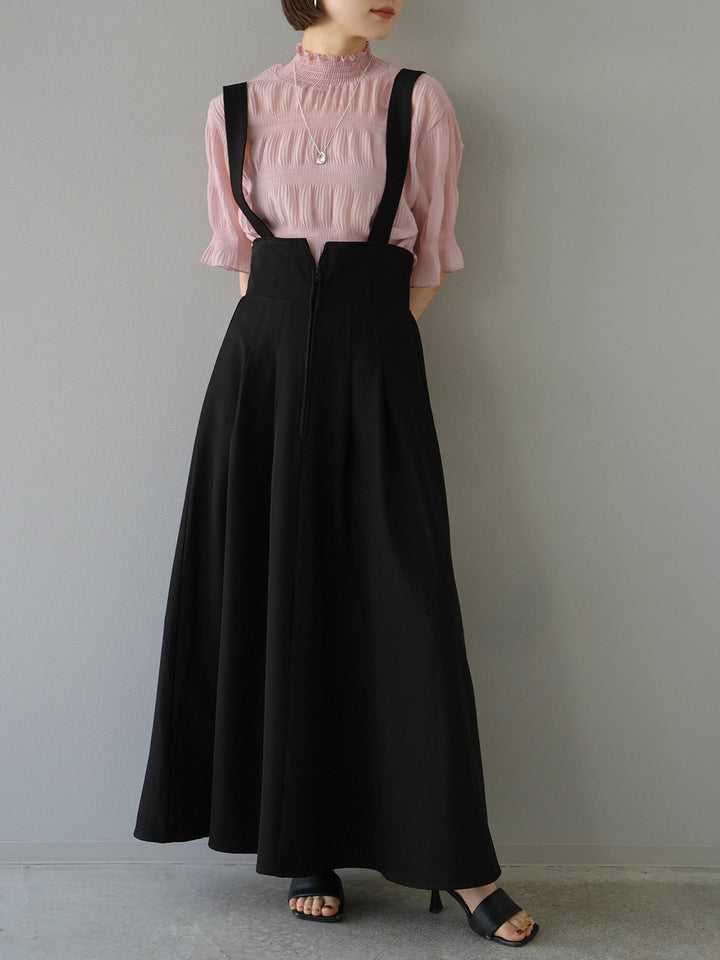 [SET] Shirring chiffon half sleeve blouse + 2WAY flare jumper skirt (2set)