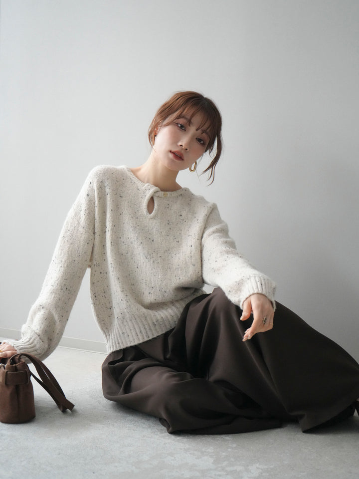 [SET]ツイストネックラメネップヤーンニットプルオーバー+テープベルトタックバギーパンツ(2set)