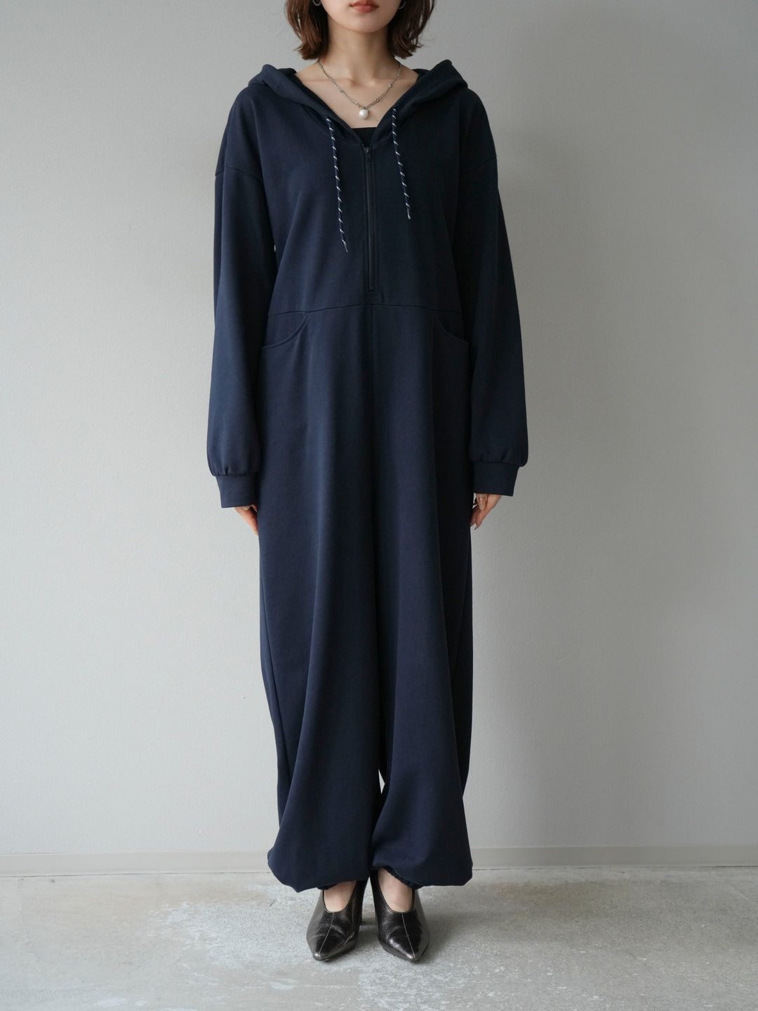 [予約]ミニ裏毛フーディージャンプスーツ/ダークネイビー