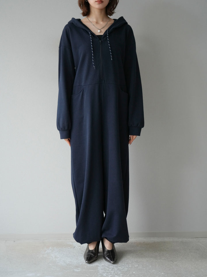 [予約]ミニ裏毛フーディージャンプスーツ/ダークネイビー