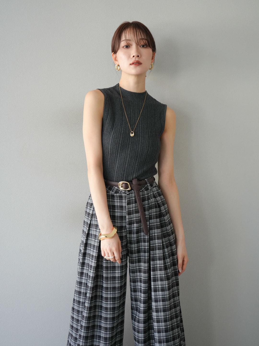 [予約]スリーブレスランダムリブニットトップス/グレー