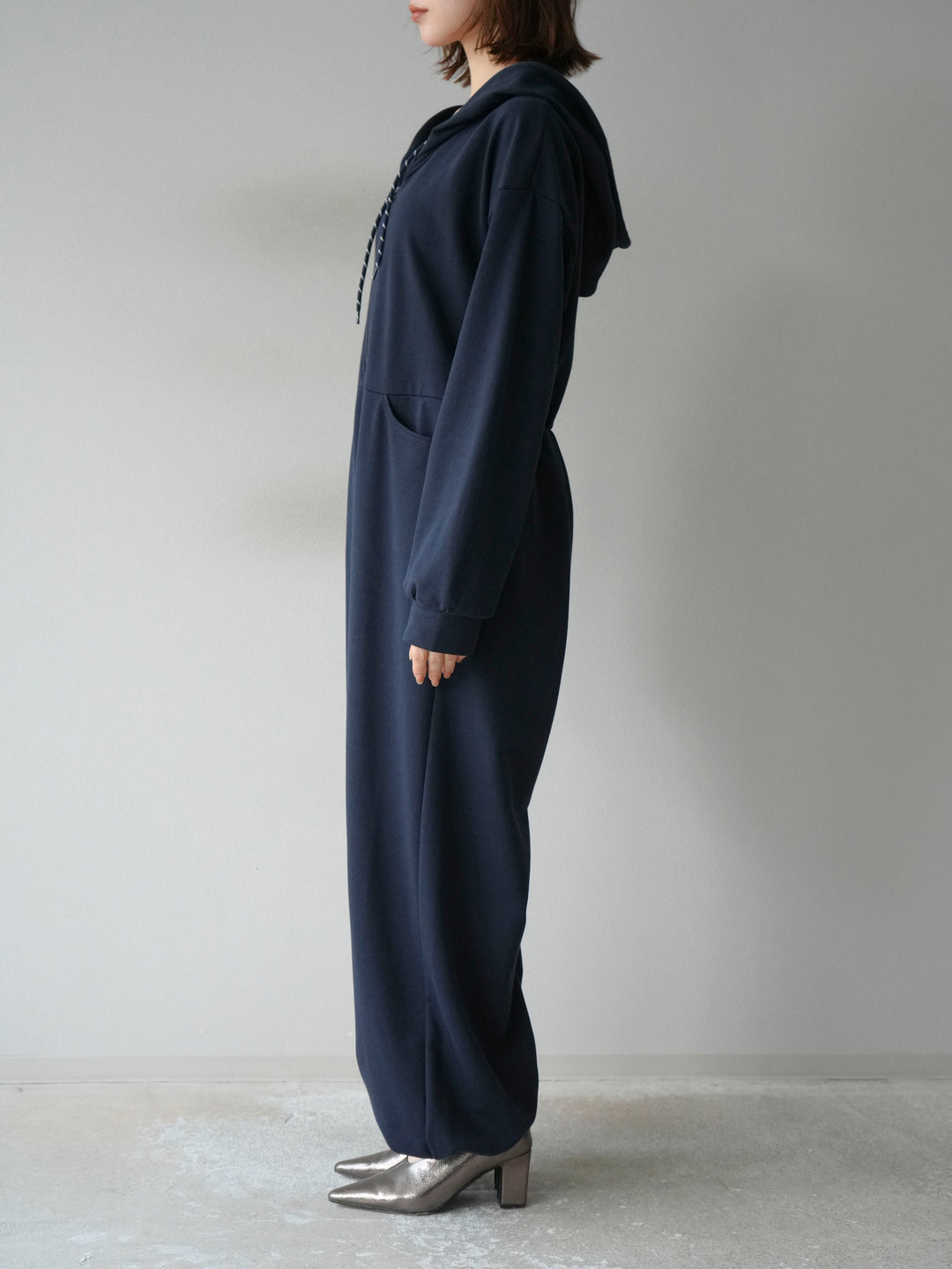 [予約]ミニ裏毛フーディージャンプスーツ/ダークネイビー