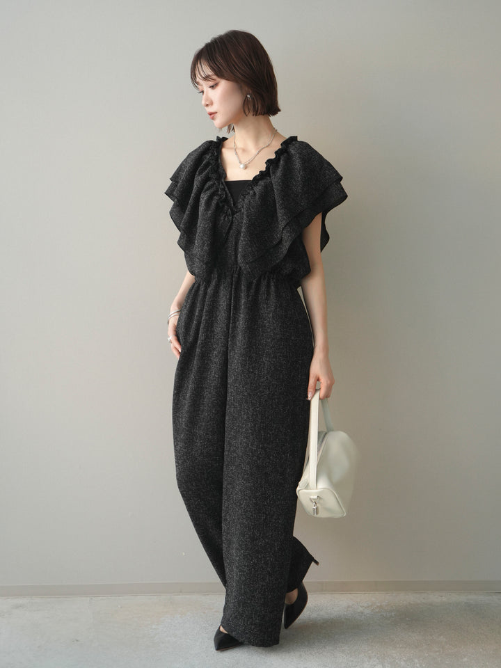 [SET]3WAYミックスツイードギャザーオールインワン+選べるアクセセット(2set)