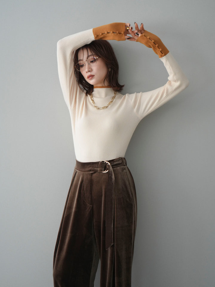 [予約]袖ボタンハイネック配色リブニットトップス/ivory