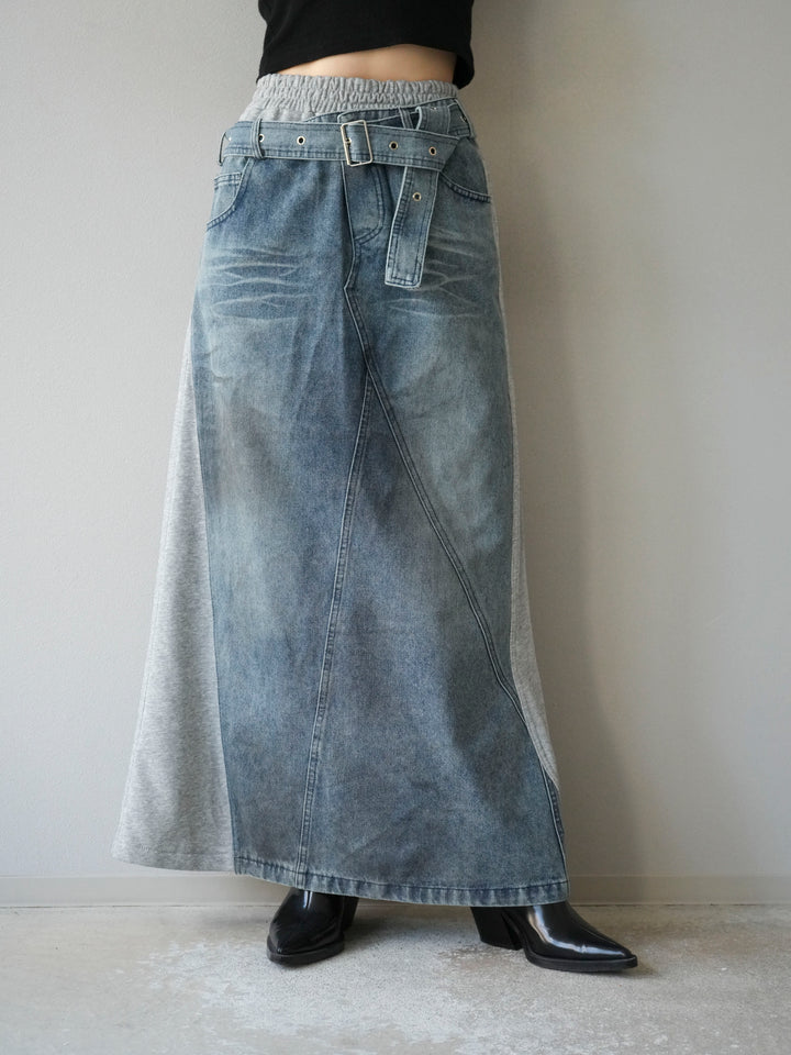 [予約]デザインベルトデニムドッキングスウェットスカート/グレー