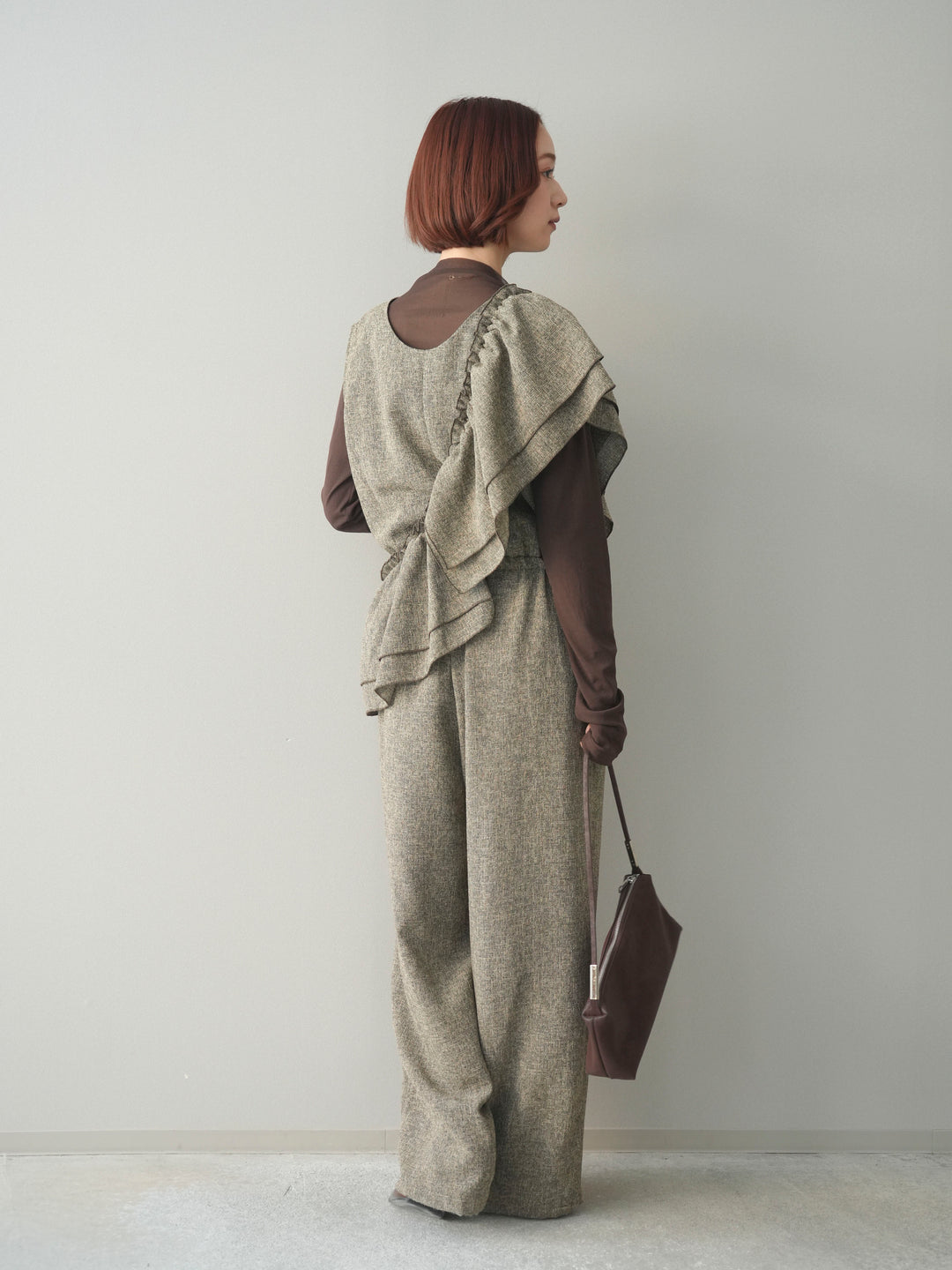 [SET]3WAYミックスツイードギャザーオールインワン+シアープチネックストレッチトップス(2set)