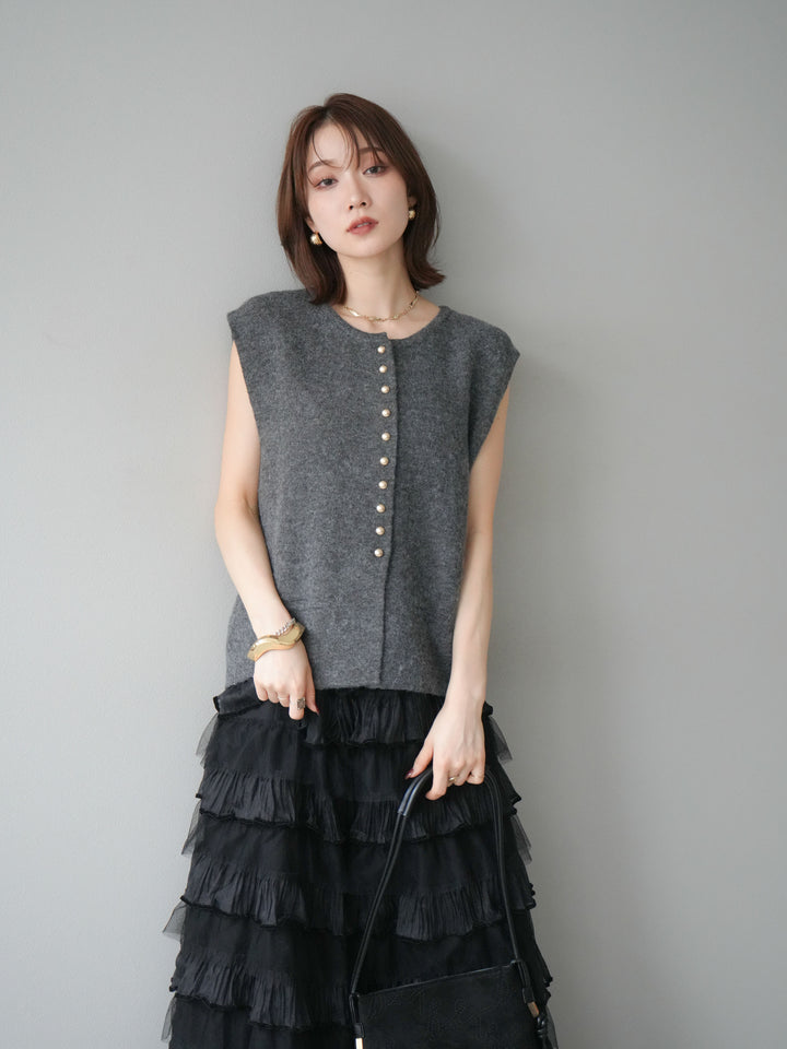 [予約]ゴールドボタンコンパクトニットベスト/ダークグレー