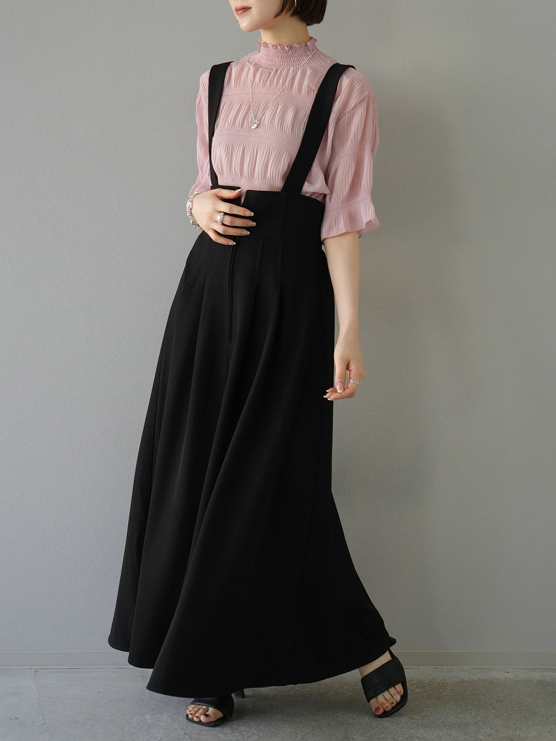 [SET] Shirring chiffon half sleeve blouse + 2WAY flare jumper skirt (2set)