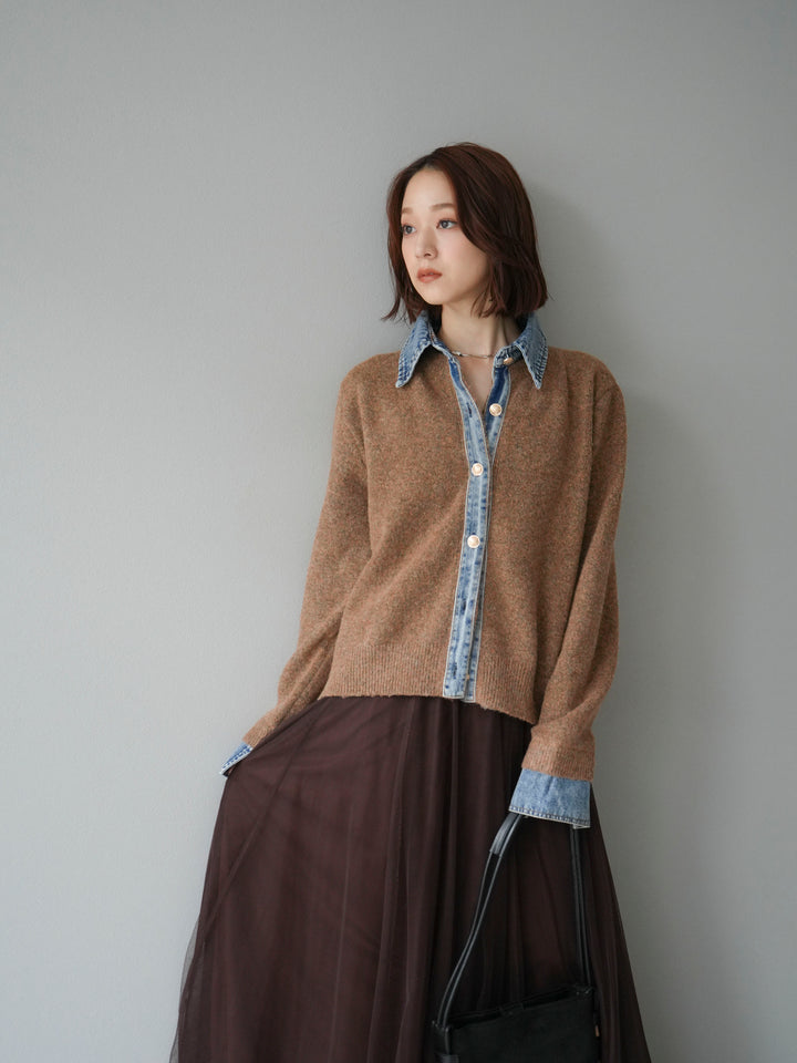 【預購】牛仔領紐扣針織開襟衫/駝色