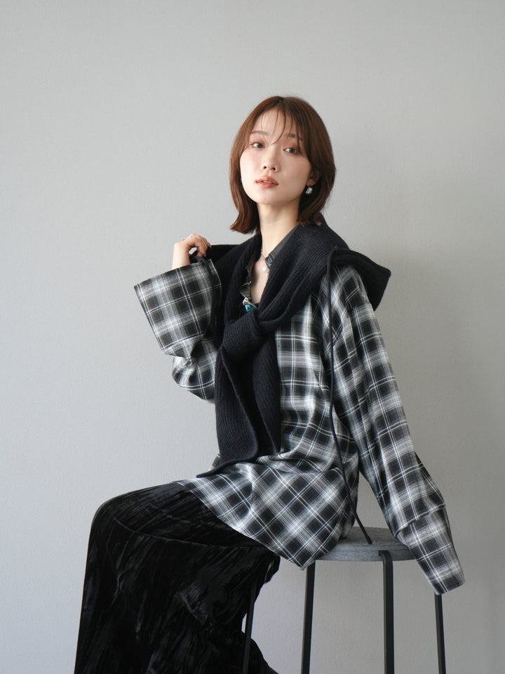 [SET]レザー襟オンブレチェックオーバーシャツ +クラッシュベロアナロースカート(2set)