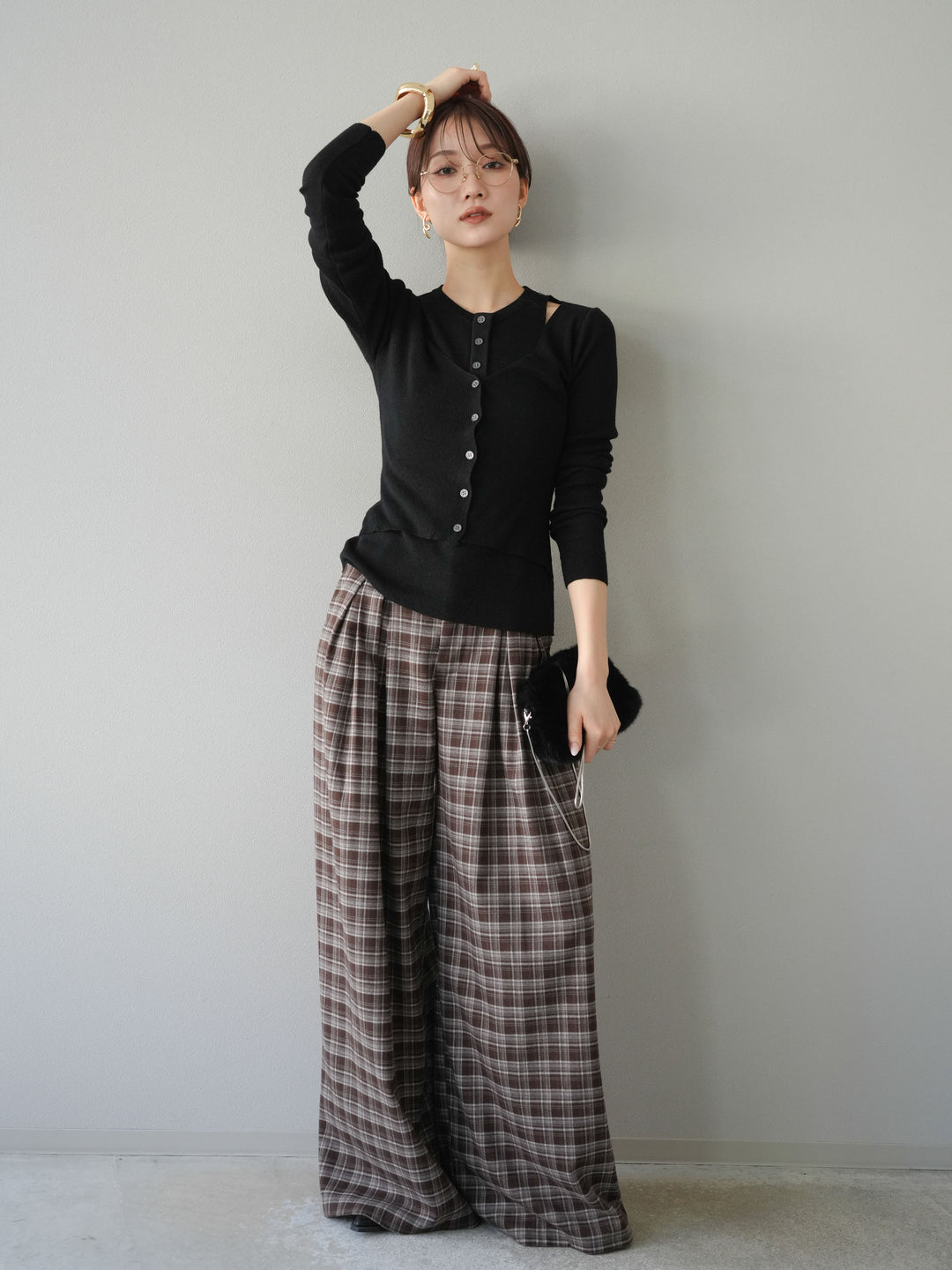 [予約]レイヤードデザインニットカーディガン/ブラック