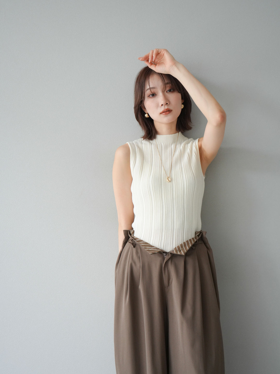 [予約]スリーブレスランダムリブニットトップス/アイボリー