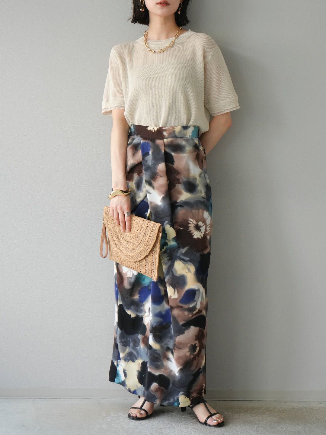 [SET]リネンタッチ配色二重臼ハーフニットトップス+選べるアソート柄スカートセット(2set)