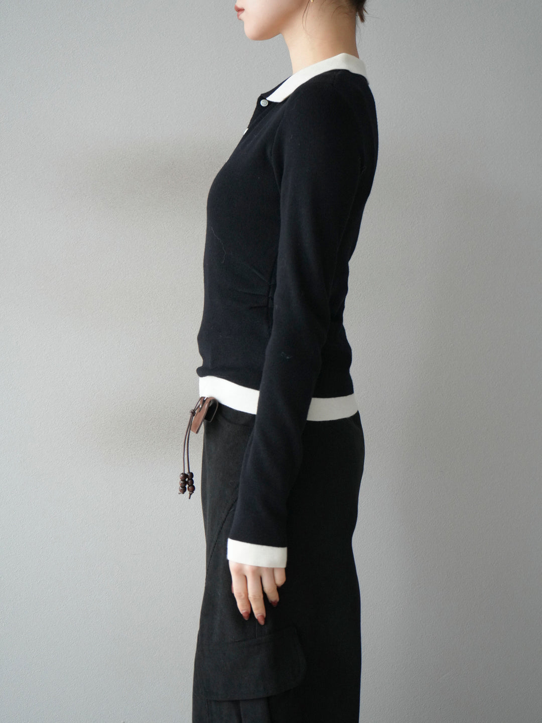 [予約]レイヤード配色ポロニットトップス/black