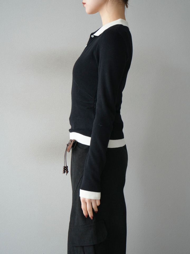 [予約]レイヤード配色ポロニットトップス/black