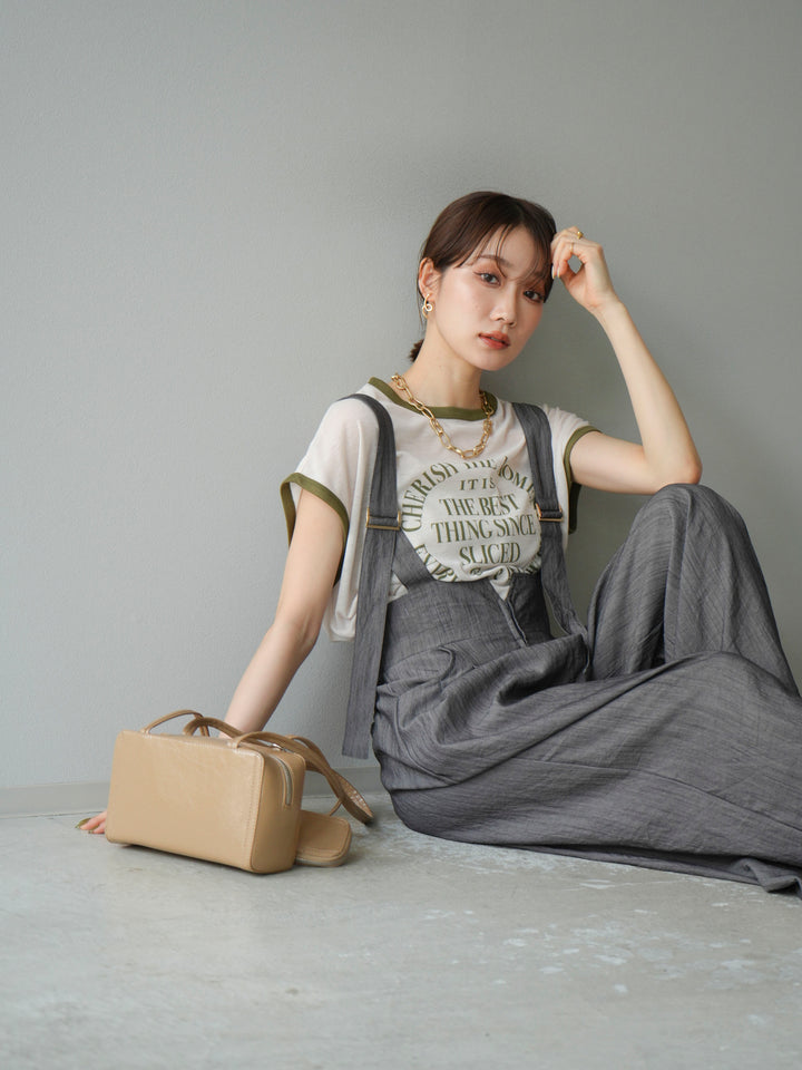 [SET]ストリングデザインハイウエストサロペット+シアーフライス ロゴプリントT (2set)