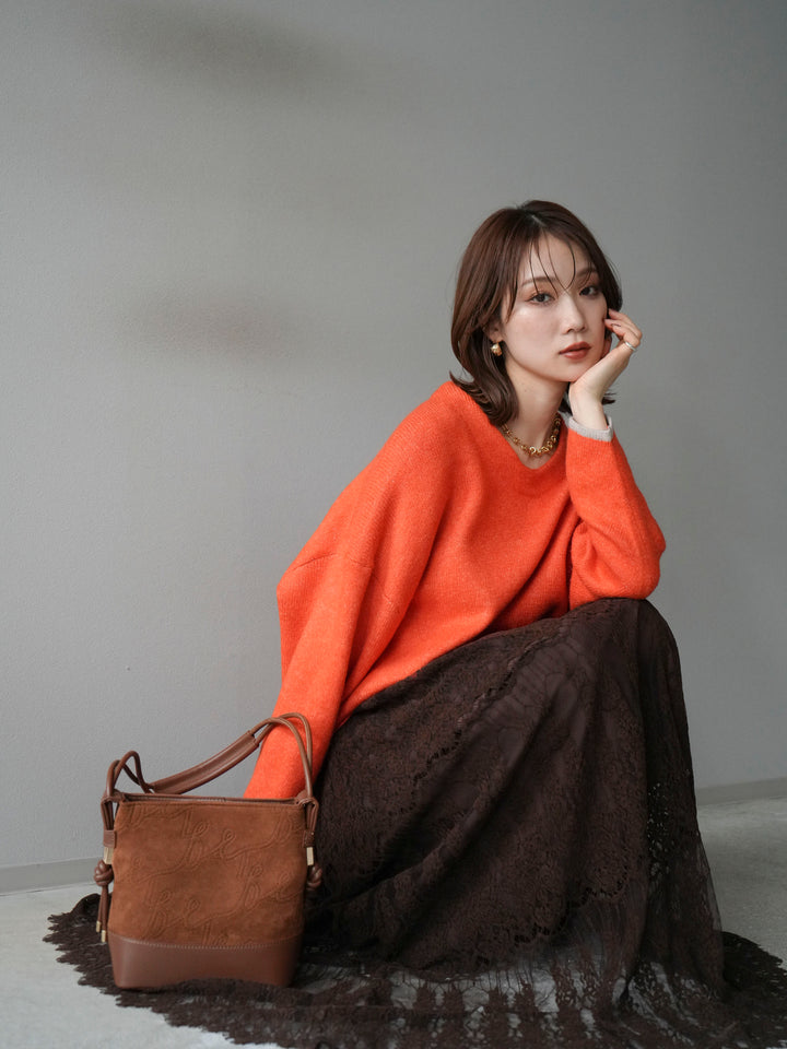 [SET]Vネック配色スリーブニットプルオーバー+選べるアクセセット(2set)