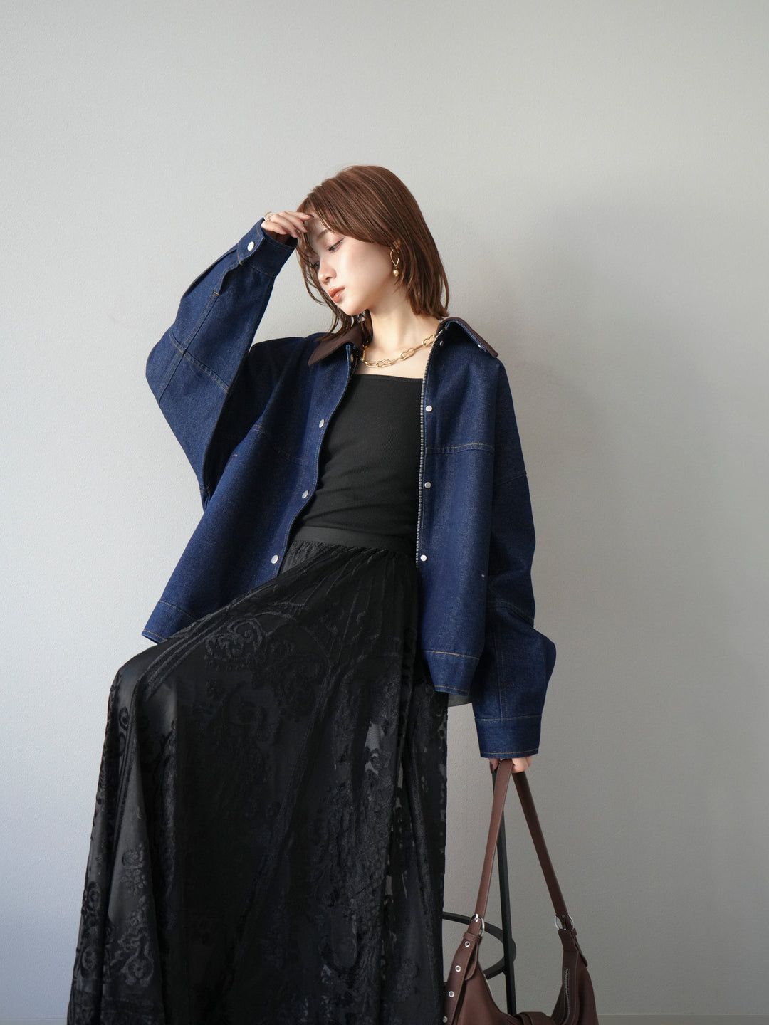 [予約]スウェード襟切替デニムブルゾン/インディゴ