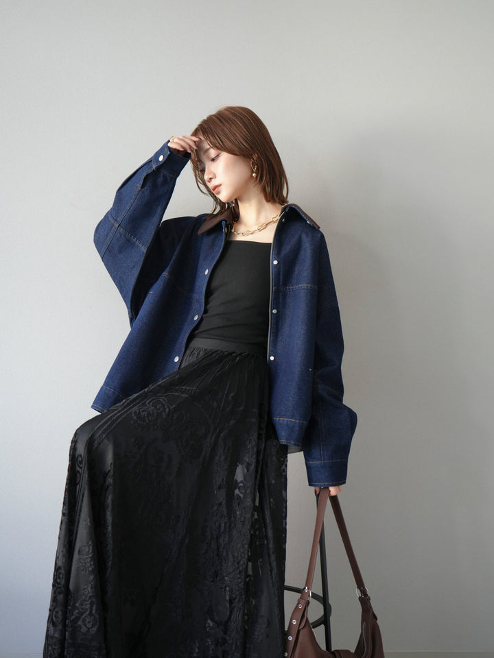 [予約]スウェード襟切替デニムブルゾン/インディゴ