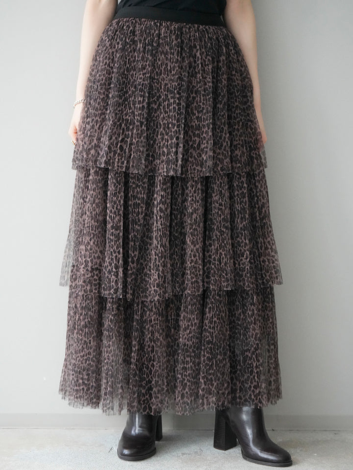 [予約]レオパード柄チュールフリルスカート/brown