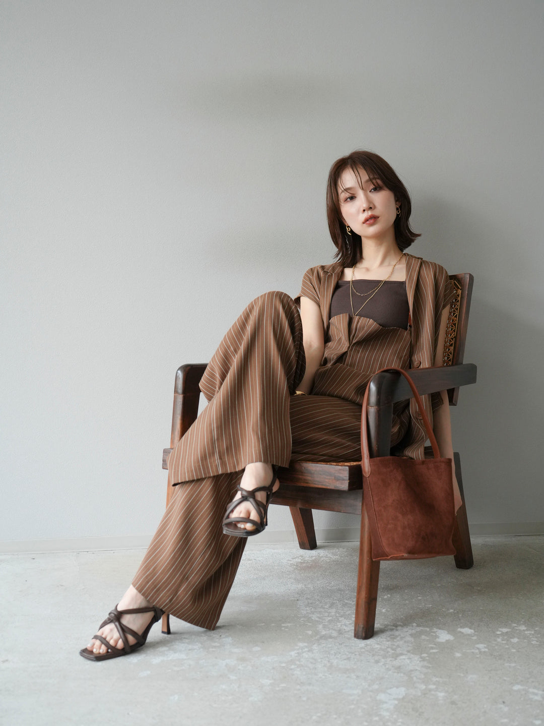 【着回しセット】[SET]ヘリンボーンストライプジレ+シアー切替ベロアトップス+ヘリンボーンストライプサロペット(3set)