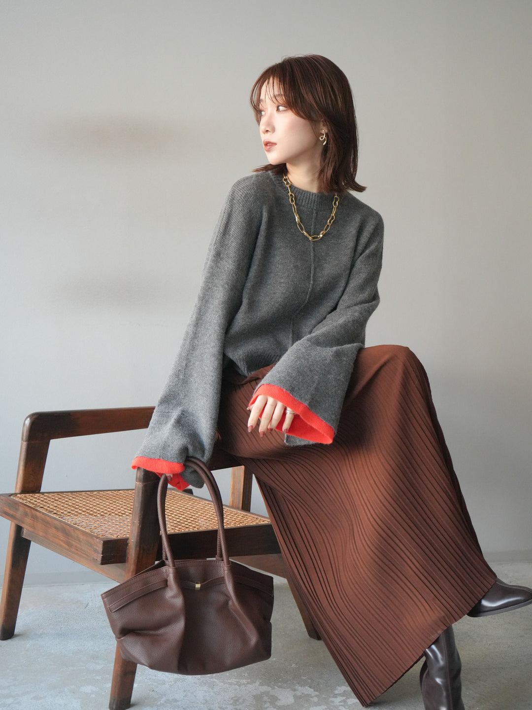 [SET]袖レイヤード配色ニットプルオーバー+プリーツIラインスカート(2set)