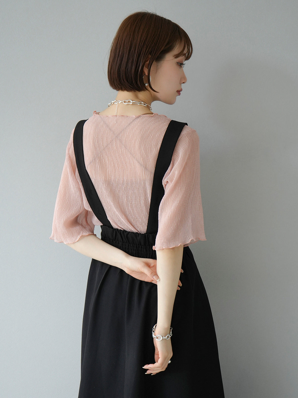 予約]楊柳シアーメローハーフスリーブトップス/ピンク – Lumier