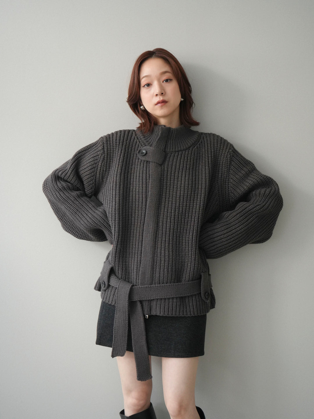 [予約]畦編みボトルネックZIPニットカーディガン/ gray