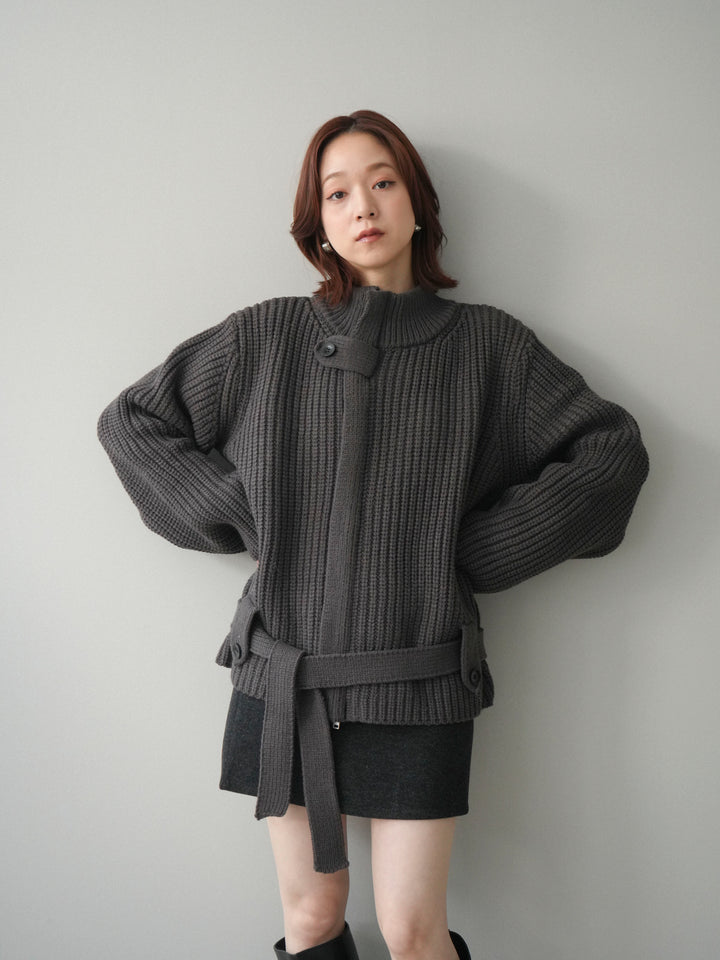 [予約]畦編みボトルネックZIPニットカーディガン/ gray