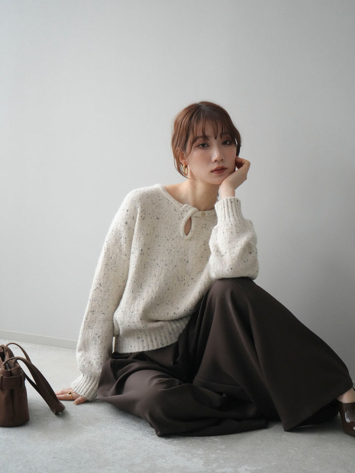 [SET]ツイストネックラメネップヤーンニットプルオーバー+テープベルトタックバギーパンツ(2set)