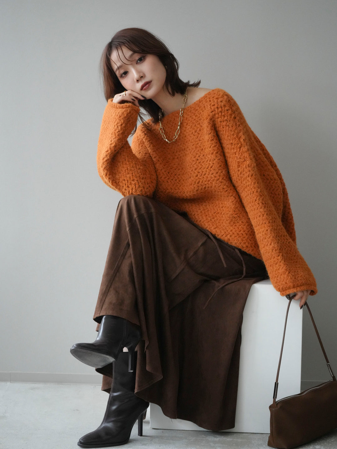 [予約]ワッフル編みオーバーニットプルオーバー/mustard