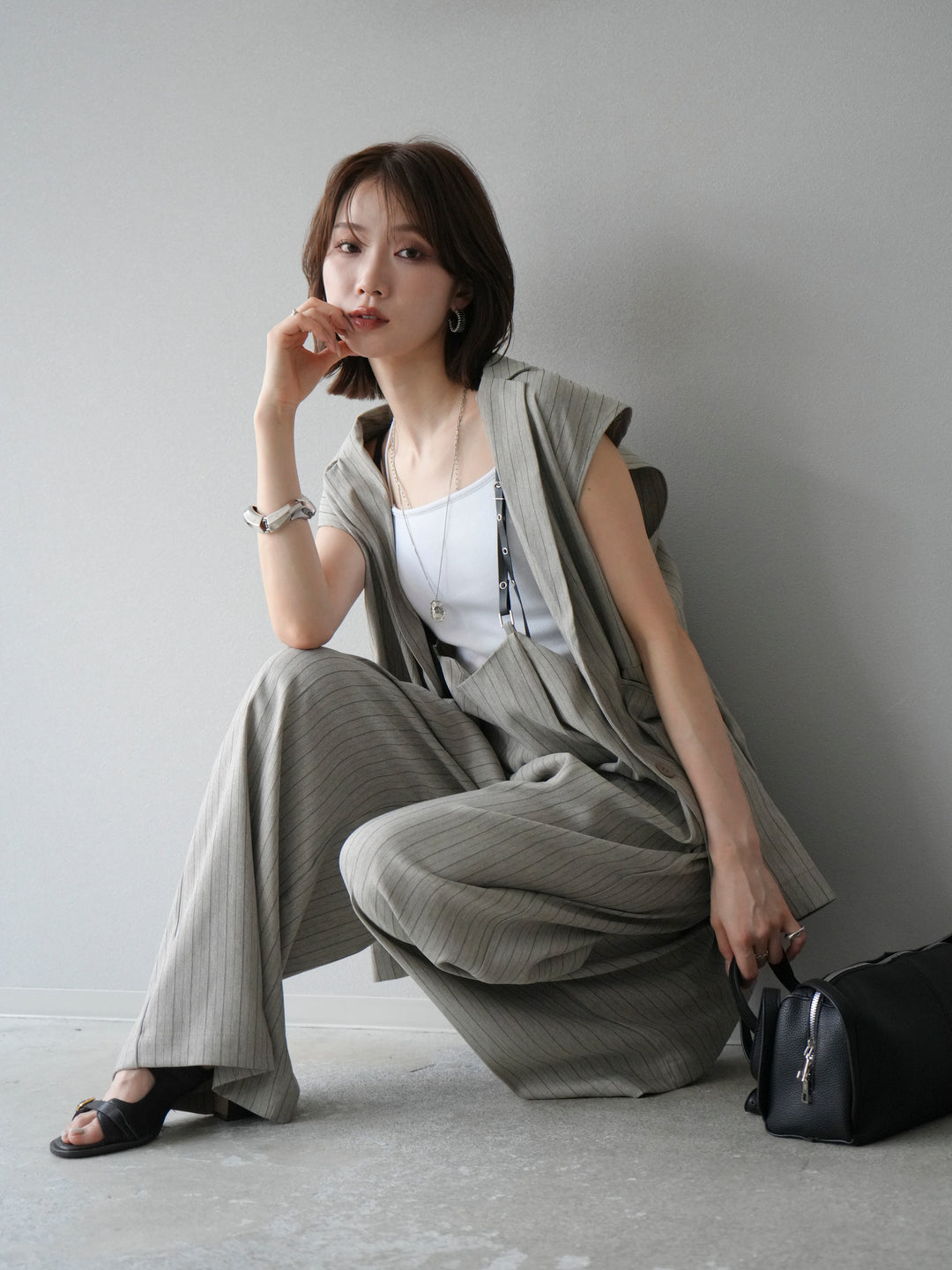 [SET]ヘリンボーンストライプジレ+ヘリンボーンストライプサロペット(2set)